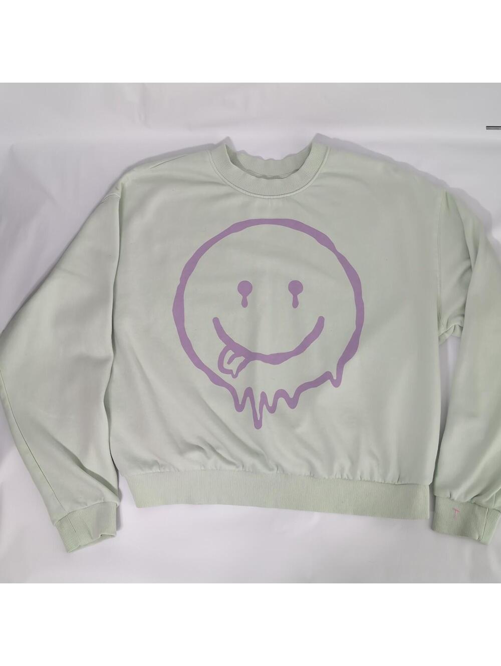 Divided Women’s Mint Green Purple Smiley face Size L Copped Crewneck Sweatshirt